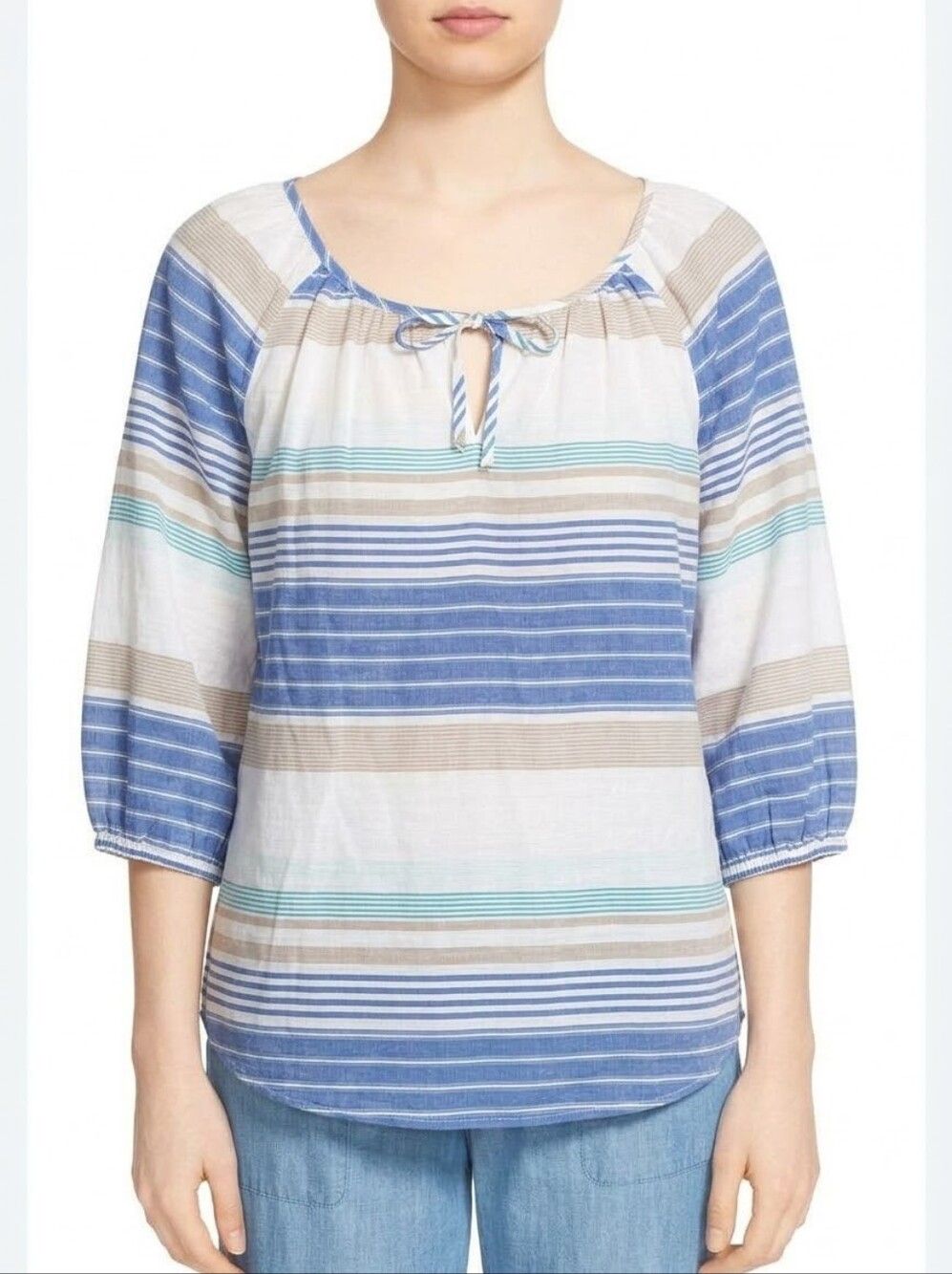 Dressbarn Blue White Striped Boho Relaxed Peasant Cotton Coastal Casual Top 1X